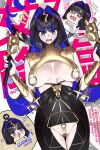  1girl black_hair black_skirt blue_eyes blue_hair bracer breast_curtains breasts chibi closed_eyes colored_inner_hair english_text fate/grand_order fate_(series) hair_intakes hair_ornament hecate_(mythology) high-waist_skirt highres jewelry large_breasts long_hair monkey_jon multicolored_hair multiple_views open_mouth original skirt smile 