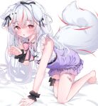  1girl :o animal_ears bandaid bare_shoulders barefoot black_bow blush bow bowtie commission eip_(pepai) fox_ears fox_girl fox_tail frilled_shirt frills full_body grey_hair guild_cq hair_bow hair_ornament kurenagi_eri long_hair looking_at_viewer multicolored_hair pink_bow purple_skirt red_eyes red_hair shirt skeb_commission skirt sleeveless sleeveless_shirt solo streaked_hair tail thigh_strap two-tone_hair virtual_youtuber white_shirt wrist_cuffs 