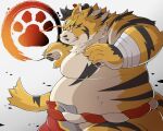  2024 anthro asian_clothing bandage belly big_belly clothing east_asian_clothing felid hi_res humanoid_hands japanese_clothing kemono male mammal mawashi moobs overweight overweight_male pantherine pomupomu490 raiden_tameemon sengoku_puzzle solo sumo tiger 