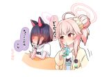  2girls ahoge animal_ears black_choker black_hair blue_archive blush cat_ears choker colored_inner_hair drinking drinking_straw hair_bun hair_ornament hair_scrunchie hairclip halo head_rest holding_carton jacket kazusa_(band)_(blue_archive) kazusa_(blue_archive) long_sleeves multicolored_hair multiple_girls natsu_(band)_(blue_archive) natsu_(blue_archive) open_clothes open_jacket pink_hair pink_halo red_eyes scrunchie shirt short_hair short_sleeves simple_background single_side_bun speech_bubble t-shirt translation_request white_background white_shirt whitelily_toast yellow_jacket 