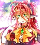  bare_shoulders breasts cleavage detached_sleeves gradient gradient_hair green_eyes hairband highres horns large_breasts long_hair multicolored_hair open_mouth original pointy_ears red_hair solo takatsuki_arunashi wings 