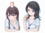  2girls bang_dream! bang_dream!_it&#039;s_mygo!!!!! black_hair blue_eyes blue_neckerchief blue_outline blue_shirt brown_hair closed_mouth commentary_request drinking_straw hanasakigawa_school_uniform highres holding juice_box long_hair mole mole_under_eye multiple_girls neckerchief outline purple_eyes purple_outline sailor_collar school_uniform shiina_taki shirt short_sleeves simple_background upper_body white_background white_sailor_collar yahata_umiri zizoumiao 