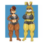  absurd_res anthro archie_comics big_breasts blue_eyes bottomwear breasts brown_body brown_fur brown_hair bunnie_rabbot chipmunk cleavage clothed clothing crop_top duo eyeshadow feet female fur green_eyes ground_squirrel hair hand_on_hip hi_res lagomorph leporid long_hair makeup mammal megahand6 muscular muscular_female muscular_thighs rabbit rodent sally_acorn sciurid sega shirt shorts smile smirk sonic_the_hedgehog_(archie) sonic_the_hedgehog_(comics) sonic_the_hedgehog_(series) thick_thighs topwear tree_squirrel yellow_eyes 