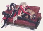  2boys black_hair cape couch disgaea fenrich_(disgaea) fingerless_gloves flower flower_pot gloves hair_between_eyes highres issa_(sorako45) jacket long_hair looking_at_viewer makai_senki_disgaea_4 male_focus multiple_boys navel open_clothes open_jacket pants pillow pink_flower pointy_ears red_eyes red_petals shoes sitting smile valvatorez_(disgaea) vampire werewolf white_background white_gloves white_hair yellow_eyes 