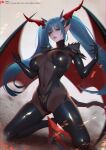  1girl azur_lane blue_hair bodystocking breasts demon_girl demon_horns demon_tail demon_wings elbow_gloves gloves green_eyes highres horns impossible_clothes kneeling large_breasts latex long_hair looking_at_viewer pointy_ears regensburg_(azur_lane) sade_abyss solo tail thighhighs twintails very_long_hair wings 