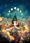  1girl atelier_umiyury castle commentary crescent_moon dress grass hairband highres holding_moon long_dress moon moon_phases multiple_moons night night_sky original outdoors procreate_(medium) shooting_star short_hair signature sky solo star_(sky) starry_sky white_hair 