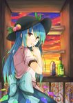  blue_bow blue_hair bottle bow cowboy_shot dress fingers_to_mouth food from_behind fruit fuussu_(21-kazin) hands_on_own_chest hands_together hat head_tilt highres hinanawi_tenshi indoors layered_dress leaf long_hair looking_at_viewer looking_back peach puffy_short_sleeves puffy_sleeves red_eyes red_sky shelf short_sleeves sky solo sunset touhou window 