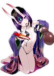  bare_legs bare_shoulders barefoot breasts cup fate/grand_order fate_(series) forehead_jewel full_body gourd head_tilt holding horns japanese_clothes kimono kneeling looking_at_viewer mochi_(circle_rin) navel oni oni_horns purple_eyes purple_hair purple_kimono sakazuki shuten_douji_(fate/grand_order) simple_background small_breasts solo white_background 
