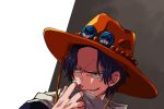  1006 1boy black_hair close-up freckles grey_background hat holding holding_clothes looking_to_the_side male_focus one_piece orange_hat portgas_d._ace short_hair smile solo two-tone_background upper_body white_background 