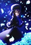  bird black_cape black_dress black_eyes black_gloves black_hair blue_bird blue_hair cape closed_mouth dress flower fujinari_ibuki fur_trim gloves highres kuonji_alice long_sleeves looking_at_viewer mahou_tsukai_no_yoru night night_sky short_hair sky 