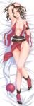  1girl absurdres arm_up bed_sheet breasts brown_eyes brown_hair commentary_request dakimakura_(medium) fatal_fury from_above full_body high_ponytail highres japanese_clothes knees_together_feet_apart large_breasts legs long_hair looking_at_viewer lying ninja omaehasaigoni on_back pelvic_curtain ponytail revealing_clothes shiny_skin shiranui_mai smile solo tabi the_king_of_fighters thighs 