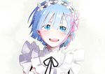  :d black_ribbon blue_eyes blue_hair choker eyebrows_visible_through_hair hair_between_eyes hair_ribbon head_tilt head_wreath mochizuki_mina neck_ribbon open_mouth pink_ribbon re:zero_kara_hajimeru_isekai_seikatsu rem_(re:zero) ribbon short_hair smile solo tears upper_body 