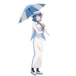  1girl :d absurdres ascot black_socks blue_ascot blue_dress blue_footwear blue_hair breasts bucket_hat closed_eyes commentary_request dress drink flower full_body gloves hand_up hat hat_flower highres holding holding_drink holding_umbrella jacket kurobeko_(kur0bek0) long_dress long_sleeves medium_breasts open_clothes open_jacket open_mouth raised_eyebrows short_hair sidelocks simple_background smile socks solo standing suntory suntory_nomu swept_bangs thick_eyelashes two-tone_dress two-tone_footwear umbrella virtual_youtuber white_background white_dress white_footwear white_gloves white_hat white_jacket 