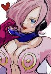  1girl blue_eyes blue_hair blue_neckerchief breasts cleavage commentary_request curly_eyebrows dress gloves hair_over_one_eye headphones heart highres looking_at_viewer medium_hair neckerchief one_piece pink_dress pink_gloves pink_hair ri_fanart simple_background solo tongue tongue_out vinsmoke_reiju white_background 