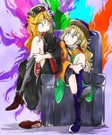  black_dress blonde_hair chair chinese_clothes dress dressing expressionless eye_contact junko_(touhou) knee_to_chest long_hair looking_at_another matara_okina multicolored multicolored_background multiple_girls orange_dress parted_lips pink_eyes putting_on_boots rochika_gekijou shoe_removed shoes single_shoe sitting sketch sock_pull touhou yellow_eyes 