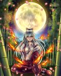  amatoubun arm_rest armband bamboo bamboo_forest breasts embers fire forest fujiwara_no_mokou full_moon hair_ribbon highres impossible_clothes impossible_shirt indian_style knee_up lips long_hair long_sleeves looking_at_viewer medium_breasts moon nature night ofuda outdoors pants parted_lips red_eyes red_footwear ribbon shirt shoe_ribbon shoes silver_hair sitting sitting_on_ground sky solo star_(sky) starry_sky suspenders touhou very_long_hair white_shirt 