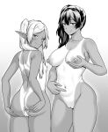  2girls absurdres anus ao_banana ass ass_grab breasts closed_mouth collarbone completely_nude elf frieren grabbing_own_ass grabbing_own_breast gradient_background greyscale highres large_breasts long_hair looking_at_viewer monochrome multiple_girls navel nipples nude pointy_ears pussy side_ponytail small_breasts smile sousou_no_frieren standing tan tanlines twintails ubel_(sousou_no_frieren) 