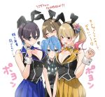  4girls animal_ears black_dress black_hair black_vest blonde_hair blue_skirt blush breasts brown_hair bunny_garden cleavage closed_eyes closed_mouth collar detached_collar dress fake_animal_ears flower gradient_hair hair_flower hair_ornament highres hololive hoshimachi_suisei hoshimachi_suisei_(streetwear) kana_(bunny_garden) large_breasts long_hair looking_down miuka_(bunny_garden) multicolored_hair multiple_girls nisi_ki_no official_alternate_costume one_side_up open_mouth pink_hair playboy_bunny rabbit_ears rin_(bunny_garden) short_hair skirt small_breasts twintails vest virtual_youtuber white_background white_collar white_wrist_cuffs wrist_cuffs yellow_skirt 