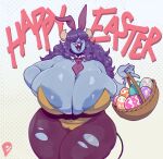  2024 anthro areola areola_slip artist_logo basket big_breasts biped blue_body breasts camel_toe clothed clothing container demon demon_humanoid easter easter_egg english_text fake_ears fake_rabbit_ears female hair hi_res holidays huge_breasts humanoid logo long_hair peculiart signature simple_background skimpy solo sue_(peculiart) text torn_clothing 