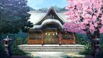  blue_sky cherry_blossoms commentary_request day east_asian_architecture fence gate grass naohiro no_humans outdoors scenery shrine sky stairs stone_lantern stone_walkway touhou tree 