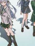  3girls bang_dream! bang_dream!_it&#039;s_mygo!!!!! black_ribbon black_socks blue_background blue_hair blue_shirt brown_footwear closed_mouth collared_shirt commentary dual_persona expressionless gradient_background green_jacket green_necktie green_skirt grey_jacket grey_neckerchief grey_skirt haneoka_school_uniform hashtag-only_commentary highres jacket kimini_(kimini_0110) kneehighs loafers long_hair long_sleeves multiple_girls neckerchief necktie plaid plaid_skirt pleated_skirt ribbon school_uniform shadow shirt shoes skirt socks takamatsu_tomori togawa_sakiko tsukinomori_school_uniform two_side_up white_shirt white_socks yellow_eyes 