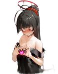  1girl antenna_hair bags_under_eyes bare_shoulders black_hair black_nails black_wings blood blood_halo blue_archive blunt_bangs blush breasts closed_mouth dark_halo dress embarrassed hair_ornament hair_scrunchie halo heart heart_hands high_ponytail highres liquid_halo long_hair looking_to_the_side low_wings medium_breasts melting_halo nekomu nose_blush off-shoulder_dress off_shoulder official_alternate_costume ponytail red_eyes red_halo red_scrunchie scrunchie simple_background smile solo sweat tsurugi_(blue_archive) upper_body very_long_hair white_background wings 