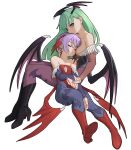  2girls bat_wings boots breast_pillow breasts demon_girl green_hair head_on_chest head_wings high_heels highres holding_hands leotard lilith_aensland long_hair medium_breasts morrigan_aensland multiple_girls short_hair sincostan0148 sleeping sleeping_on_person small_breasts vampire_(game) wings 