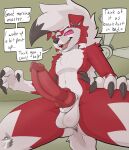 absurd_res animal_genitalia animal_penis anthro arkailart balls big_penis canid canine_genitalia canine_penis claws dialogue erection floppy_ears fur generation_7_pokemon genitals hi_res knot low-angle_view lycanroc male mammal midnight_lycanroc nintendo nude penis pink_eyes pokemon pokemon_(species) presenting presenting_penis red_body red_fur solo speech_bubble white_body white_fur