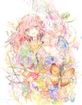  1girl :d bug butterfly cup flower highres holding holding_cup kazuka long_hair looking_at_viewer nail_polish open_mouth original painting_(medium) pink_hair purple_eyes shell smile solo teacup traditional_media watercolor_(medium) white_background wide_sleeves 