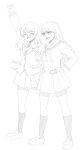  2girls arm_up bang_dream! bang_dream!_it&#039;s_mygo!!!!! blush chihaya_anon closed_eyes collared_shirt commentary_request fang full_body greyscale hanasakigawa_school_uniform hand_on_own_hip haneoka_school_uniform highres jacket kneehighs leg_up loafers long_hair long_sleeves mole mole_under_eye monochrome multiple_girls necktie open_mouth school_uniform shiina_taki shirt shoes smile socks standing standing_on_one_leg tanishi_(et0929) 