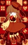  1girl alternate_costume anchor_symbol blunt_bangs blush_stickers box braid bright_pupils brown_hair buttons candy checkerboard_cookie colored_skin cookie dress food frilled_dress frills full_body funamusea funamusea_(artist) fur-trimmed_sleeves fur_scarf fur_trim gloves grey_eyes hat hat_ribbon heart heart-shaped_box holding holding_box long_hair looking_at_viewer official_art one_eye_closed oounabara_to_wadanohara open_mouth outline patterned_background red_background red_dress red_footwear red_gloves red_hat red_ribbon red_theme ribbon sidelocks solo square standing striped_clothes striped_thighhighs thighhighs twin_braids valentine vertical-striped_clothes vertical-striped_thighhighs wadanohara white_outline white_pupils white_skin 