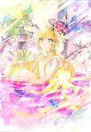  1girl absurdres alarm_clock bathtub blonde_hair clock crown dress flower green_eyes highres kazuka knees_up long_hair looking_at_viewer mini_person minigirl original painting_(medium) petals sitting solo traditional_media watercolor_(medium) white_dress 