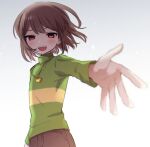  1other arm_at_side blush bob_cut brown_hair brown_pants chara_(undertale) foreshortening gradient_background green_sweater grey_background half-closed_eyes heart heart_necklace jewelry leftporygon long_sleeves looking_at_viewer necklace open_mouth outstretched_arm pants reaching reaching_towards_viewer red_eyes short_hair smile solo striped_clothes striped_sweater sweater teeth turtleneck turtleneck_sweater undertale upper_body upper_teeth_only white_background wind yellow_sweater 