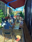  1girl :d black_hair blue_eyes blue_jacket blue_sky braixen brown_hair bush calme_(pokemon) chair city cloud cup day eyewear_on_head food fork gen_3_pokemon gen_6_pokemon goomy greninja grey_eyes grey_shirt hat highres holding jacket knife long_sleeves looking_at_another meowstic open_mouth outdoors pants pippi_(pixiv_1922055) plate pokemon pokemon_(creature) pokemon_(game) pokemon_xy serena_(pokemon) shirt sitting sky smile sunglasses swablu sweater table tree 