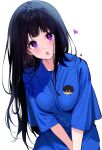  1girl :o alternate_costume artist_logo black_hair blue_eyes blue_shirt blush breasts chitanda_eru highres hyouka large_breasts leaning_forward long_hair mery_(yangmalgage) oreki_houtarou purple_eyes shirt short_sleeves simple_background solo 