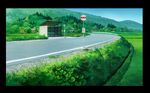  border building bus_stop commentary_request day field forest grass highres hosoi_mikio house lamppost mountain nature no_humans outdoors photoshop_(medium) plant road road_sign rural scenery sign sky studio_ghibli windowboxed 