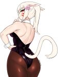 absurd_res accessory animal_ears animal_humanoid animal_tail big_butt blonde_hair blush breasts brown_clothing brown_legwear brown_tights bunny_costume butt cat_humanoid clothing costume cuffs_(clothing) ears_down eyelashes facial_markings felid felid_humanoid feline feline_humanoid female final_fantasy final_fantasy_xiv flower flower_in_hair fur hair hair_accessory hand_on_hip head_markings hi_res humanoid legwear leotard looking_at_viewer looking_back looking_back_at_viewer mammal mammal_humanoid markings miqo&#039;te pivoted_ears plant purple_clothing purple_leotard rear_view red_eyes shnibbles simple_background smile solo square_enix tail tailed_humanoid tan_body tan_fur tan_skin thick_thighs tights white_background wide_hips