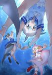  3girls animal_ears between_legs black_hair blonde_hair blowhole blue_eyes blue_hair blush bow cetacean_tail chinese_white_dolphin_(kemono_friends) common_bottlenose_dolphin_(kemono_friends) common_dolphin_(kemono_friends) dolphin_girl dorsal_fin dress fins fish_tail frills grey_hair head_fins kemono_friends kemono_friends_3 looking_at_viewer multicolored_hair multiple_girls necktie official_art open_mouth orange_hair pink_hair sailor_collar sailor_dress shirt short_hair short_sleeves sleeveless smile tail tail_censor thighs twintails underwater white_hair yoshizaki_mine 