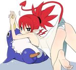  1girl ass bangs bare_arms bare_legs barefoot bird black_eyes blush commentary_request demon_tail disgaea dress etna eyebrows_visible_through_hair flat_chest from_side hair_between_eyes hekaton looking_at_viewer panties penguin pointy_ears ponytail prinny red_hair red_wings soles solo spoken_ellipsis tail underwear white_dress white_panties wings 