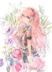  1girl absurdres black_eyes flower from_side headphones highres kazuka long_hair looking_at_viewer megurine_luka painting_(medium) pink_hair short_sleeves solo traditional_media vocaloid watercolor_(medium) white_background 