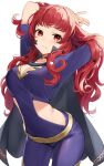  1girl absurdres arms_up belt black_capelet bodysuit breasts capelet cleavage clothing_cutout cowboy_shot facial_mark fire_emblem fire_emblem_engage haru_(nakajou-28) highres looking_at_viewer medium_breasts midriff red_hair short_sleeves side_cutout simple_background smile solo standing star_(symbol) thighs white_background yellow_belt yunaka_(fire_emblem) 