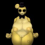 2024 animatronic anthro areola artist_name bear big_areola big_breasts black_background bow_tie breasts clothing crossgender curvy_figure digital_drawing_(artwork) digital_media_(artwork) female five_nights_at_freddy&#039;s golden_freddy_(fnaf) hat headgear headwear hi_res huge_areola huge_breasts machine mammal mtf_crossgender multicolored_body nipples nude pawpads robot scottgames simple_background solo thick_thighs top_hat two_tone_body voluptuous watermark wide_hips yellow_body zhenai
