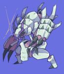  2019 2_fingers ambiguous_gender antennae_(anatomy) anthro black_claws black_clothing black_sclera blue_background claws clothing colored cross_eyes exoskeleton fatty_humps finger_claws fingers generation_7_pokemon glistening glistening_body golisopod graskip hi_res multicolored_body nintendo pokemon pokemon_(species) purple_antennae purple_body purple_eyes shaded simple_background solo sparkles standing toe_claws two_tone_body white_body white_exoskeleton 