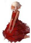  1girl bare_arms bare_shoulders barefoot character_request closed_mouth copyright_request dark-skinned_female dark_skin dress multicolored_hair nanbo_ataru_(attall) photoshop_(medium) red_dress short_hair sidelocks simple_background sitting sleeveless sleeveless_dress solo wariza white_background white_hair yellow_eyes 