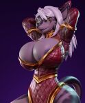 2024 2_horns anthro areola areola_slip big_breasts biped breasts cleavage clothed clothing connivingrat female gradient_background hair hands_behind_head hi_res horn huge_breasts looking_at_viewer mammal multicolored_body open_mouth simple_background skimpy smile smirk solo standing suggestive_look suggestive_pose tail white_hair y&#039;vraine_(londryx) yellow_eyes