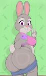 4_fingers anthro big_breasts big_butt bonnie_hopps bottomwear bottomwear_around_legs bottomwear_down breasts butt cellphone clothed clothing clothing_around_legs disney electronics eyebrows female fingers fur grey_body grey_fur grey_tail half-length_portrait hi_res lagomorph leporid long_ears looking_back mammal mature_anthro mature_female pants pants_around_legs pants_down partially_clothed phone portrait purple_eyes rabbit scut_tail short_tail solo standing tail thick_thighs topwear usnarbit zootopia 