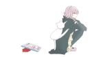  1girl animal_bag backpack bag black_jacket brown_skirt cat_bag danganronpa_(series) danganronpa_2:_goodbye_despair hood hood_down jacket koma_(uuur66) long_sleeves magazine_(object) medium_hair monomi_(danganronpa) nanami_chiaki pink_footwear pink_hair pleated_skirt shoes simple_background skirt squatting white_background white_bag 