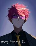  1boy black_shirt collared_shirt gauma gridman_universe happy_birthday male_focus necktie pink-tinted_eyewear red_hair risyo scar scar_on_face shirt short_hair smile solo ssss.dynazenon sunglasses tinted_eyewear upper_body yellow_necktie 