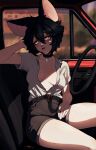  1girl absurdres animal_ears arm_rest bat_ears bat_girl black_hair blush breasts breasts_apart car car_interior car_seat choker collared_shirt cross cross_choker dress_shirt english_commentary fang fang_out glowing glowing_eyes hand_on_own_thigh head_rest head_tilt high-waist_shorts highres jewelry looking_at_viewer mekrani mole mole_on_breast mole_on_thigh mole_under_eye mole_under_mouth motor_vehicle multiple_moles multiple_rings no_bra open_clothes original partially_unbuttoned red_eyes red_lips ring shirt shirt_tucked_in short_sleeves shorts sitting steering_wheel thighs unbuttoned unbuttoned_shirt white_shirt 