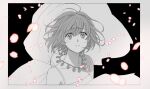  1girl antenna_hair bad_id bad_twitter_id dress jewelry looking_at_viewer monochrome necklace parted_lips petals rii2a77ru sakura_hime short_hair solo spot_color tsubasa_chronicle upper_body wind worried 